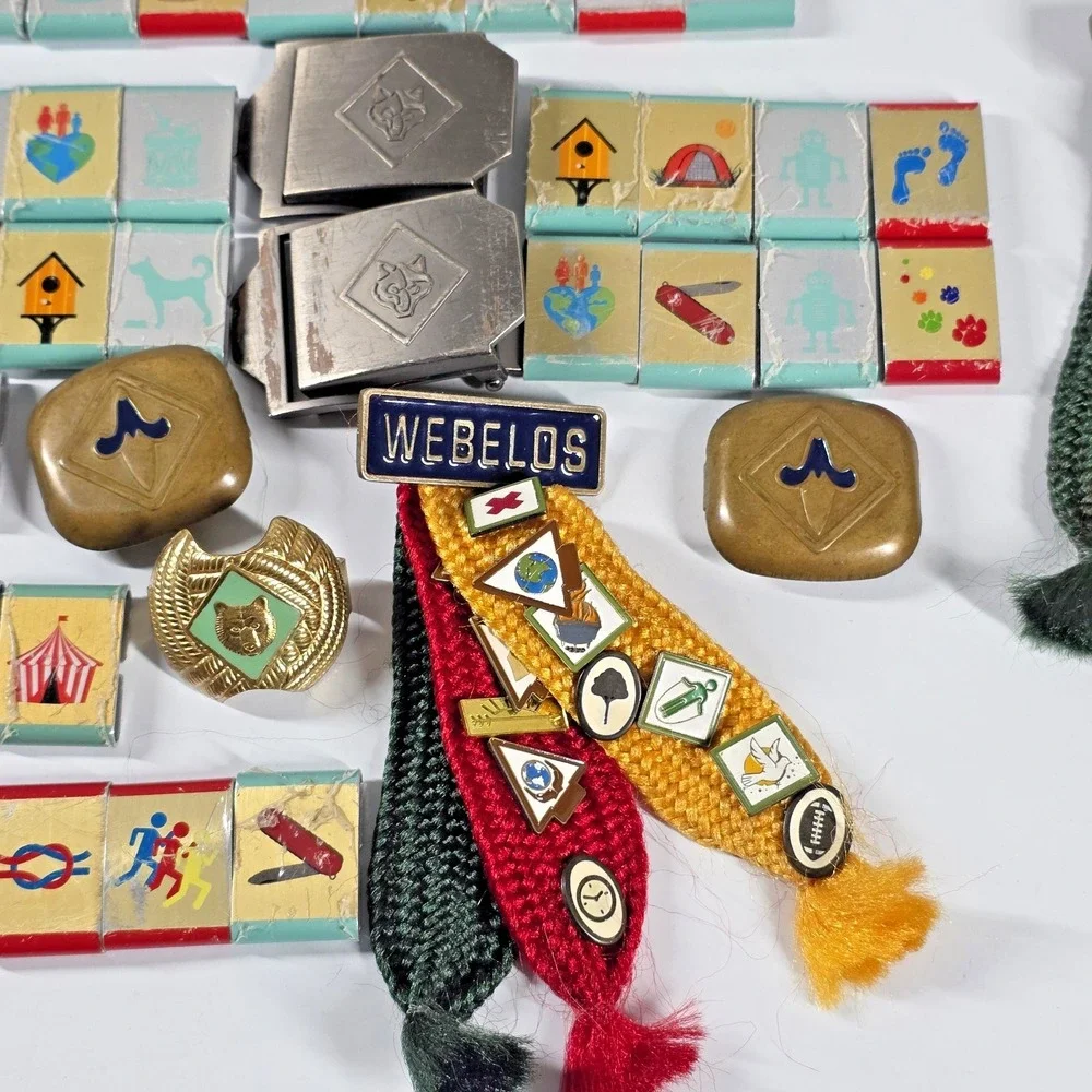 Boy Scouts / Cub Scouts Lot Belt Buckle Ribbons Pins Belt Badges